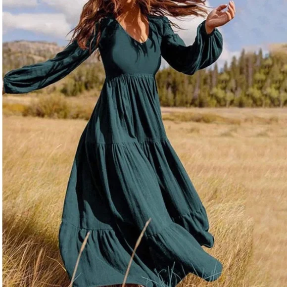 Dresses | New Closeout Sale Boho Green Long Sleeve Maxi Dress | Poshmark
